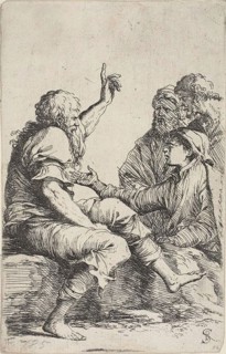 A bearded old man seated on a rock and making a hortatory gesture toward three men opposite him,