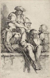 Four warriors and a standing youth, who points down at one of them, from Figurine series, n.d.,