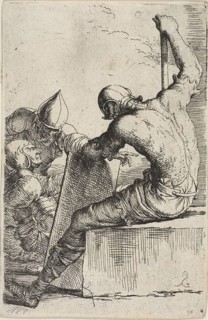 A warrior, seated on a foreground block, holds a shield and staff and turns toward two warriors