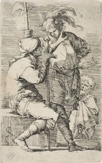 Two warriors, one holding a sward, the other a halberd, an old brearded man behind them, from