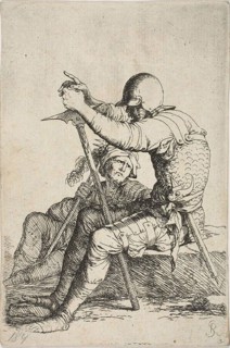 Two warriors, one seated on a low foreground rock and holding a war hammer, the other figure seated