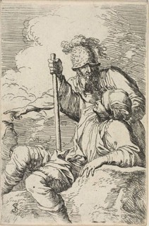 Three Warriors, one seated on a foreground rock holding a staff, the secnd standing behind him and