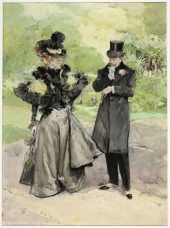 A Man and a Woman in a Park, n.d., Ludek Marold, Czech, 1865-1898, Czech Republic, Watercolor and