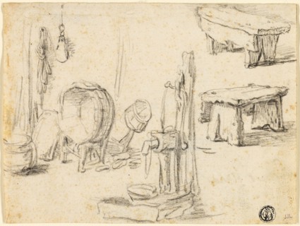 Sketches of Pump, Washtub, Benches, n.d., Circle of Adriaen van Ostade, Dutch, 1610-1685, Holland,