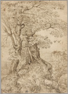 Wooded Landscape with Donkeys and Goats, and Castle on Hill in Distance, 1569, after Pieter