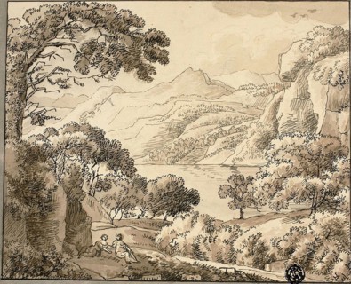 Mountain Lake with Two Figures, n.d., Carl August Lebschée, German, 1800-1877, Germany, Pen and