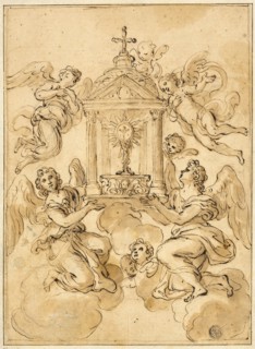 Monstrance Borne by Angels, n.d., Probably by Giacinto Calandrucci, Italian, 1646-1707, Italy, Pen
