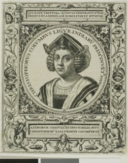 Christopher Columbus, frontispiece from volume 5 of Theodor de Bry’s America, 1595, Attributed to