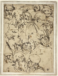 Sketches of Heads, c. 1565, After Luca Cambiaso, Italian, 1527-1585, Italy, Pen and brown ink, on