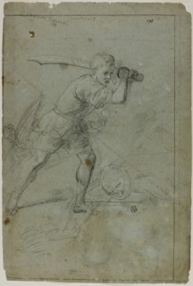 David Beheading Goliath (recto), Sketch of Draped Female Figure with Right Arm Raised Above Head