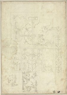 Ceiling Design, with Sketches of Ornamental Border, Helmeted Head (recto), Sketches of Ornamental