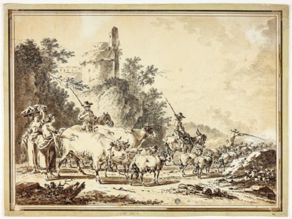Herdsmen, Cattle and Sheep Passing Two Maidens, with Ruined Castle on Hill Above, n.d., Follower of
