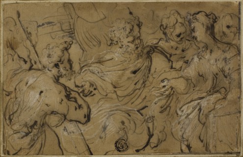 Esther before Ahasuerus or Solomon and Sheba with Cross from Wood of Adam’s Tomb, 1590/1600,