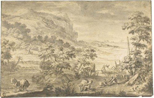 Italianate Coastal Scene with Fishermen, Encampment (recto), River Estuary (verso), 1675/99, After