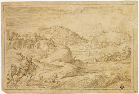 River Landscape with Saint Roch and a Child Traveling with Dog, c. 1545, Domenico Campagnola,
