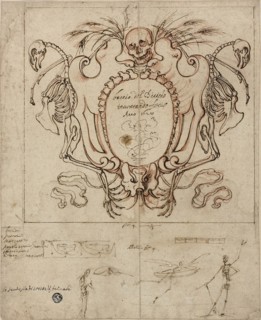 Funereal Cartouche with Inscription and Sketches of Skeletons and Ornamental Details, 1628, Baccio