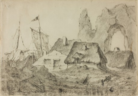 Huts Etretat, 1876, Barbin, French, active 1876, France, Charcoal, with touches of black pastel, on