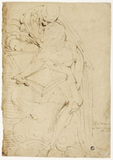 Standing Male Nude (Saint Jerome?) with Book, 1550s, Luca Cambiaso, Italian, 1527-1585, Italy, Pen