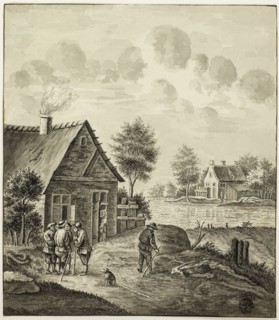 Men Conversing Outside House Beside Canal, after 1758, After Isaac van Ketweg, Dutch, c. 1732-1787,
