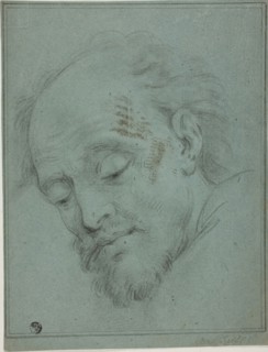 Male Head Looking Down, n.d., Unknown artist, possibly Italian, 17th century, Italy, Black crayon,