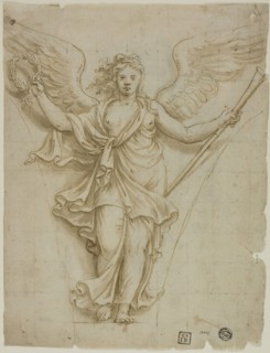 Spandrel Design with Allegorical Figure of Fame (recto), Design for Coat of Arms (verso), c. 1532,