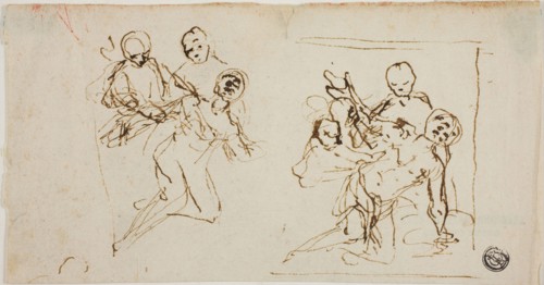 Two Composition Sketches of Collapsing Figure Supported by Two Other Figures (recto), Compositional