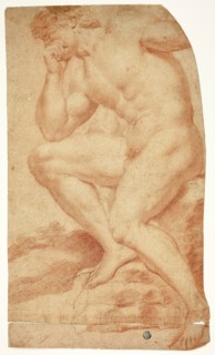 Seated Academic Male Nude in Profile to Left, 17th century, Attributed to Andrea Camassei, Italian,