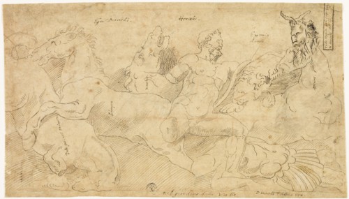 Ancient Relief with Hercules and the Mares of Diomedes (recto), Two Sketches: Draped Satyr and