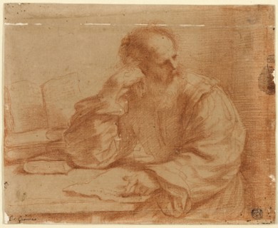 Bearded Man Seated at Table, 1650/59, Attributed to Guercino, Italian, 1591-1666, Italy, Red chalk