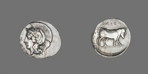 Didrachm (Coin) Depicting the Goddess Athena, 400/335 BC, Greek, Hyria, Silver, Diam. 2.2 cm, 7.54