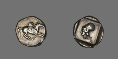 Coin Depicting Pegasus, about 500/450 BC, Greek, Corinth, Levkás, Silver, Diam. 2.2 cm, 8.32 g