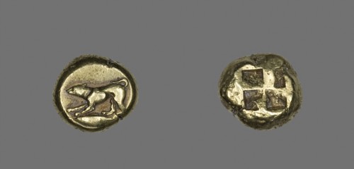 Stater (Coin) Depicting a Crouching Dog, 5th century BC, Greek, Mysia, Electrum, Diam. 1.9 cm, 16