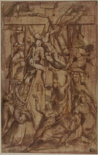 Deposition, with Saint Francis of Assisi and Another Male Saint (Stephen?), c. 1576, Attributed to