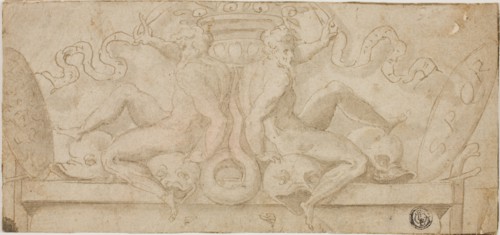 Design for Overdoor: Two Ignudi with Dolphins and Shields, n.d., Circle of Francesco de’Rossi,