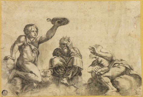 Time Seated on Clouds, Flanked by Two Other Angels, n.d., Giulio Pippi, called Giulio Romano,