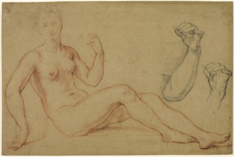 Seated Female Nude with Sketch of Hand and Sketch of Forearm, n.d., Louis de Boullogne, the elder,