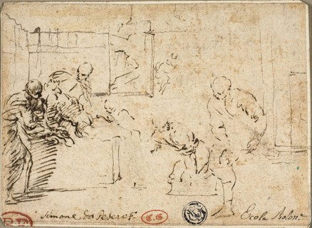 Interior with Male Nude Surrounded by Five Figures, n.d., Attributed to Simone Cantarini, Italian,