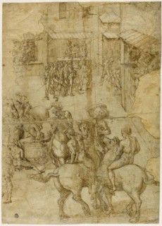 Mythological Pageant (recto), Illegible Inscriptions and Anatomical Studies of Head (verso),