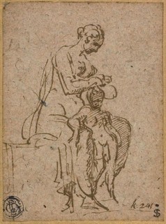 Woman Delousing a Child, 1524/27, Parmigianino, Italian, 1503-1540, Italy, Pen and brown ink on tan