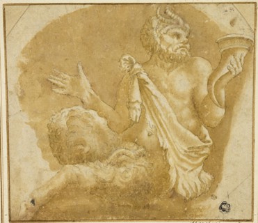 Seated Faun Holding Cornucopia (recto), Sketch of Tree and House (verso), n.d., After Giulio Pippi,