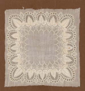 Handkerchief, 19th century, France, Linen, plain weave, embroidered with linen threads in padded