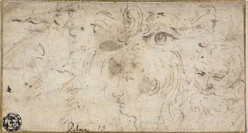 Sketches of Heads, Eyes, Ear, and Mouth, 1600/11, Jacopo Negretti, called Palma il Giovane,