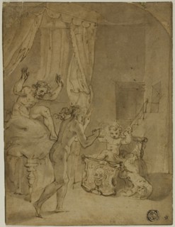 The Infant Hercules Strangling Serpents in His Cradle (recto), Crowned Woman Kneeling in Landscape,