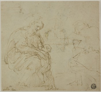 Sketches of Virgin and Child, Seated Figure, and Landscape, c. 1530, Attributed to Vincenzo