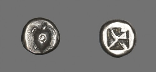 Stater (Coin) Depicting a Sea Turtle, about 650/600 BC, Greek, Greece, Silver, Diam. 2 cm, 12.05 g