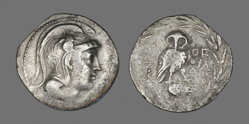 Tetradrachm (Coin) Depicting the Goddess Athena, 196/187 BC, Greek, Athens, Silver, Diam. 3.6 cm,