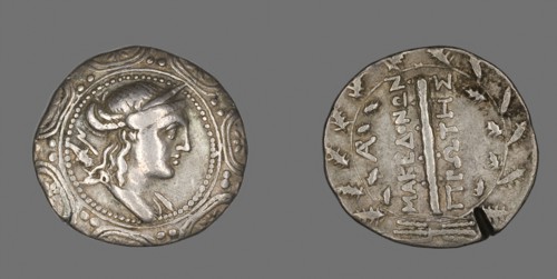 Tetradrachm (Coin) Depicting the Goddess Artemis Tauropolis, 158/149 BC, Greek, Macedonia, Silver,