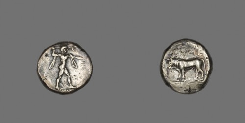 Stater (Coin) Depicting the God Poseidon, 480/400 BC, Greek, Paestum, Silver, Diam. 1.8 cm, 6.72 g