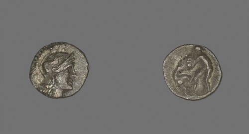 Obol (Coin) Depicting the Goddess Athena, 334 (or earlier)/302 BC, Greek, Taranto, Silver, Diam. 1