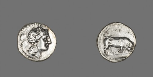 Stater (Coin) Depicting the Goddess Athena, about 350/320 BC, Greek, Thurium, Silver, Diam. 2.1 cm,